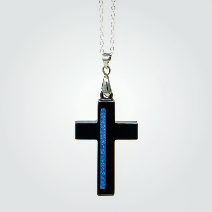 T2T Thin BLUE Line Cross Necklace – (Black Ceramic)
